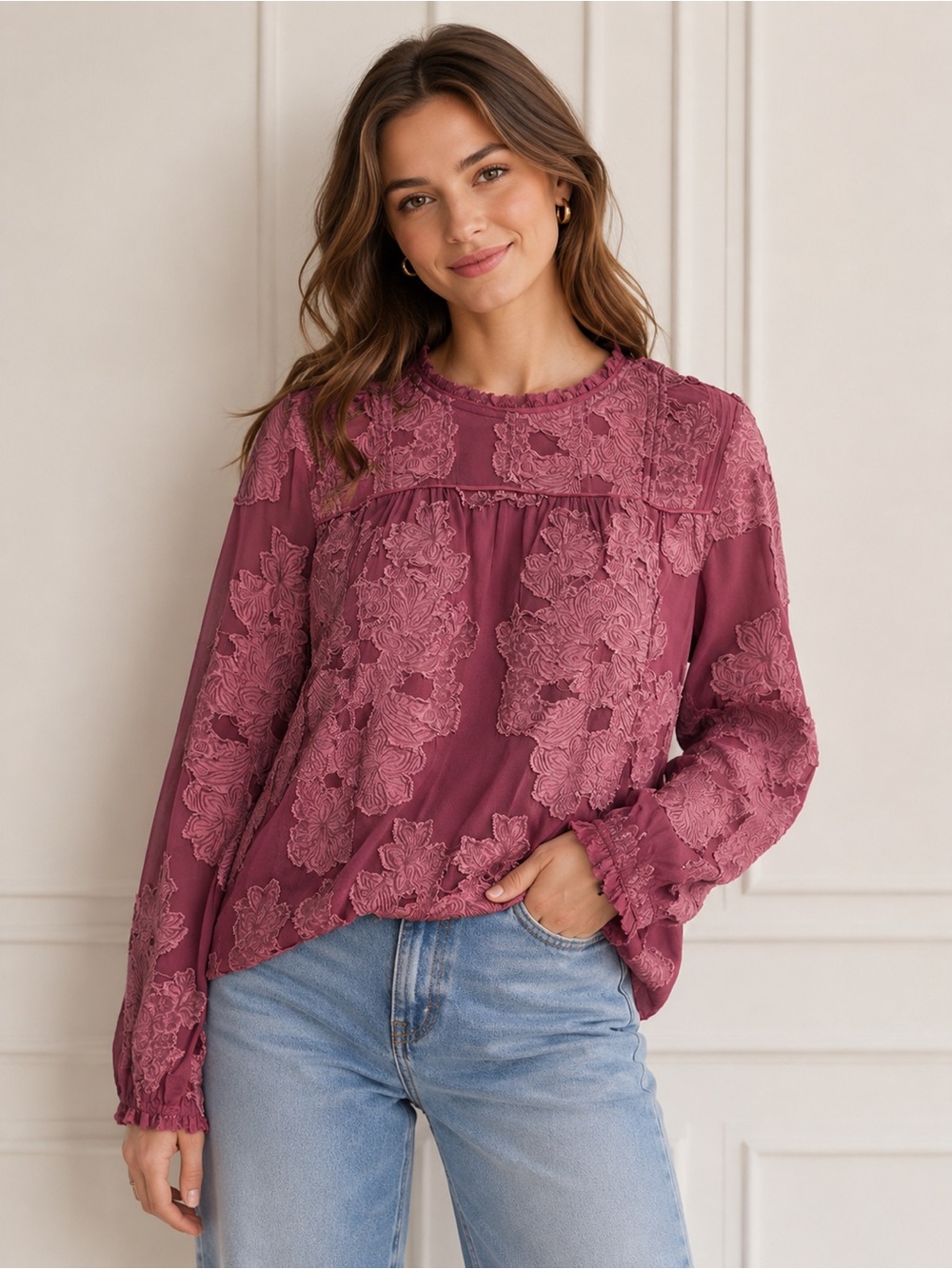 Wilfred Aritzia Burgundy Floral Burnout Blouse Size S